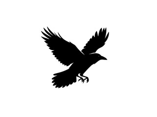 Fototapeta premium Flying raven vector silhouette, black crow in mid flight graphic icon, minimalist bird wings silhouette for logo design and wildlife branding