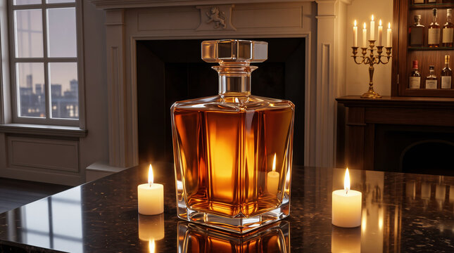 Luxury glass decanter bottle on marble table with candlelight and fireplace backdrop