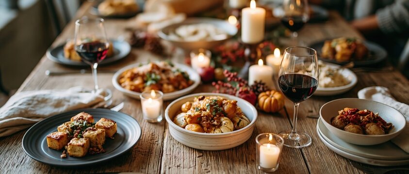 Warm candlelight sets the mood for a cozy holiday gathering. Rustic wooden table styled with seasonal dishes, mini pumpkins, red berries, and full wine glasses evoke abundant celebration.