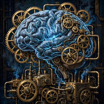 Steampunk brain with brass gears, mechanical AI mind concept