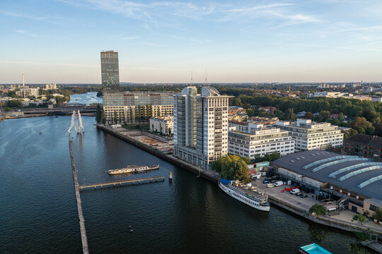 Aerial view of Berlin Treptowers and the Molecule Man sculpture situated along the Spree river in Berlin, Berlin, Germany.