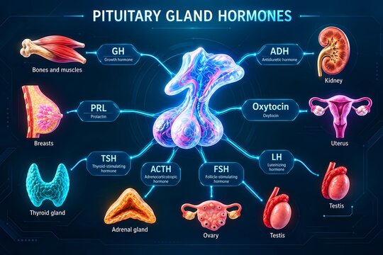 Pituitary Gland Hormones Medical Educational Infographic Diagram Showing Target Organs and Endocrine System Function 3D Illustration
