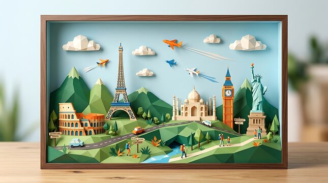 Colorful papercraft travel diorama featuring world landmarks like the Eiffel Tower and Statue of Liberty inside wooden frame