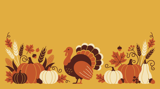A beautiful thanksgiving vector illustration featuring a vibrant turkey pumpkins autumn leaves and a warm inviting color palette for festive designs