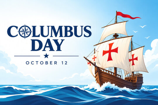 Columbus Day Celebration &ndash; October 12, Sailing Ship and Ocean Waves Holiday Illustration