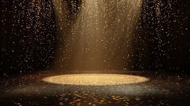 Sparkling golden confetti falling down dramatically under bright theatrical stage spotlights inside a dark luxury celebration auditorium