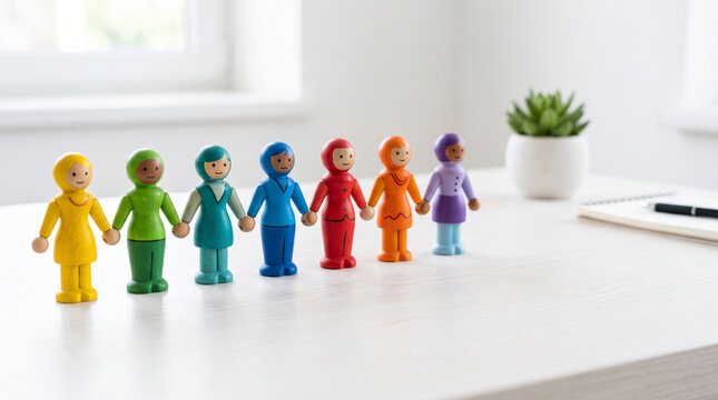 A row of colorful wooden figures holding hands on white office desk, teamwork and diversity concept
