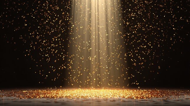 Golden glitter dust sparkling particles falling down under bright volumetric spotlights in dark interior studio setting