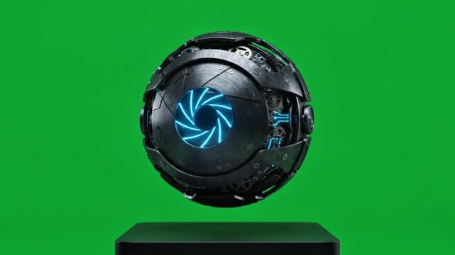 Futuristic mechanical robotic bionic eye rotating above dark minimalist pedestal against green screen studio background

