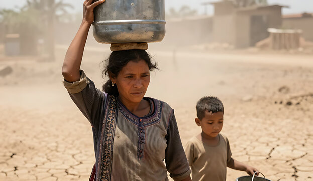 Woman carrying water jug walking in arid rural area with child