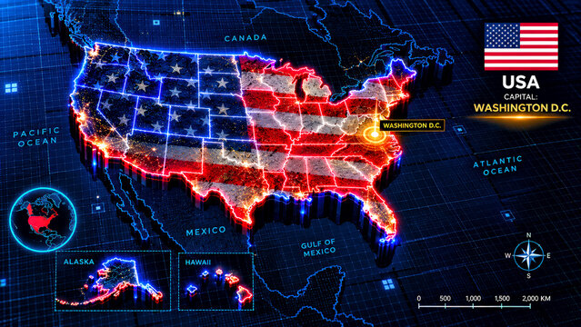 USA 3D Map with American Flag and Washington D.C. Capital Location