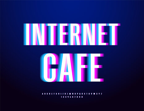Vector Advertising banner Internet Cafe. Bright Cyber Font. Glitched effect Alphabet Letters and Numbers set.