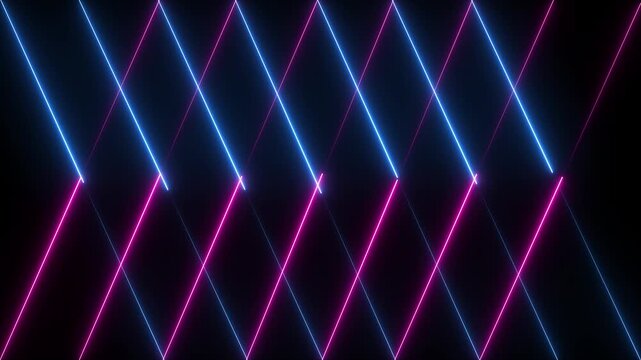 Vibrant neon blue and pink laser lines intersecting in rhythmic diagonal patterns, creating a and dynamic glowing geometric animation loop for modern digital backgrounds and futuristic event stages
