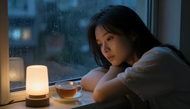 Woman relaxing with tea during rainy evening in cozy home setting 4K