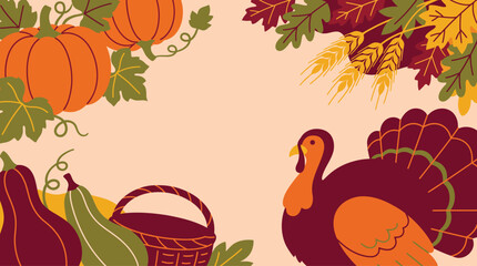 A beautiful thanksgiving vector illustration featuring pumpkins grapes a turkey and fall foliage perfect for holiday greetings and festive designs © MstFatema