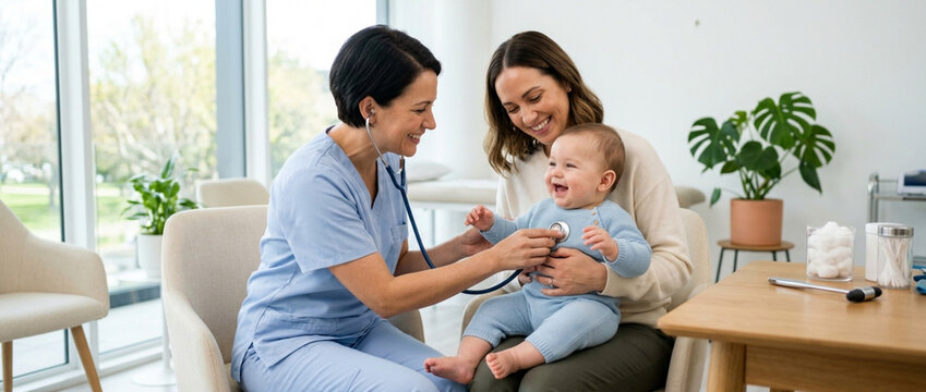Pediatrician examining happy baby with stethoscope, mother present