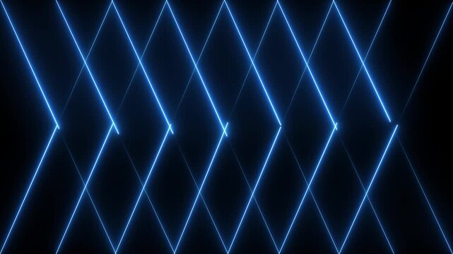 Dynamic blue neon glowing light lines intersecting and moving in a rhythmic diamond geometric pattern on a dark background, creating a high-tech modern abstract digital motion visual animation