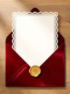 Burgundy velvet envelope with blank laser cut lace invitation card and gold tree wax seal mockup