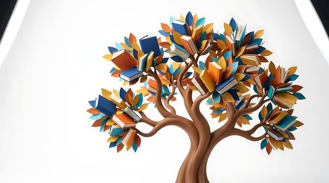 Creative learning tree sculpture featuring colorful book pages and branches against a clean white studio background