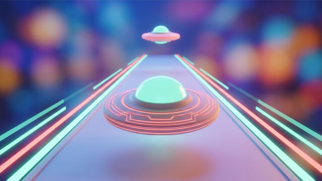 滑走路の中央から静かに上昇する円盤型UFOを描いた3D背景