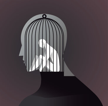 man silhouette with a cage-shaped head containing a lonely figure trapped inside
