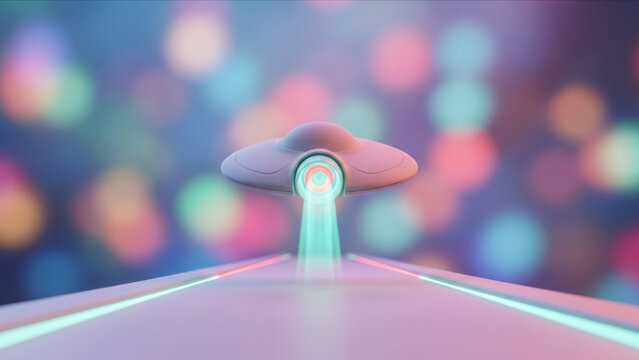 滑走路から上昇し後方に光を放ち飛び去る円盤型UFOの3Dイラスト背景