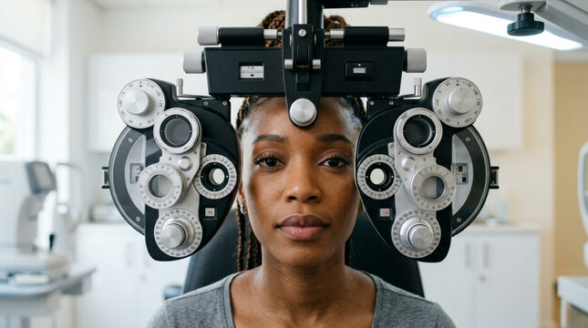 Woman undergoing eye exam with phoropter in optometry clinic
