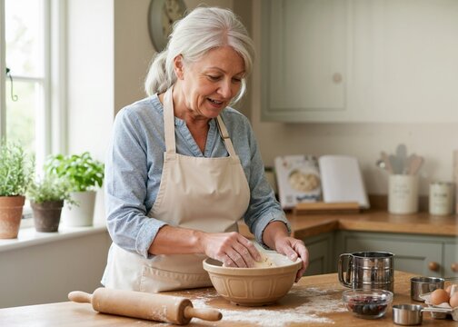 Elderly woman kneading dough in a mixing bowl for baking. Senior female baker preparing pastry in a kitchen