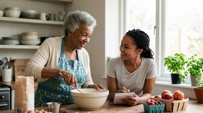 Senior woman teaching a recipe to a younger woman in a kitchen. Older female baking instructor and student taking notes