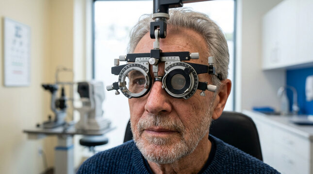 Senior man undergoing eye exam with trial lens frame at optometrist