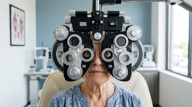 Senior Woman Eye Exam with Phoropter - Optometrist Visit
