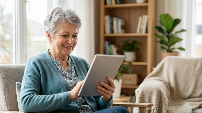 Elderly woman using a digital tablet smiling at home. Senior female browsing the internet on a touchscreen device