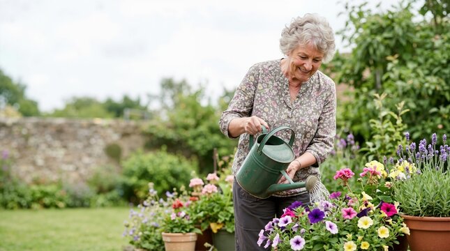 Senior woman watering flowers in a garden. Elderly female gardener holding a watering can outdoors