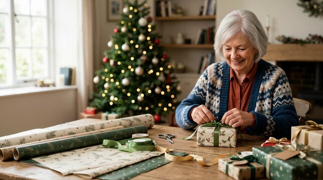 Senior woman wrapping Christmas gifts at a wooden table. Elderly female preparing holiday presents