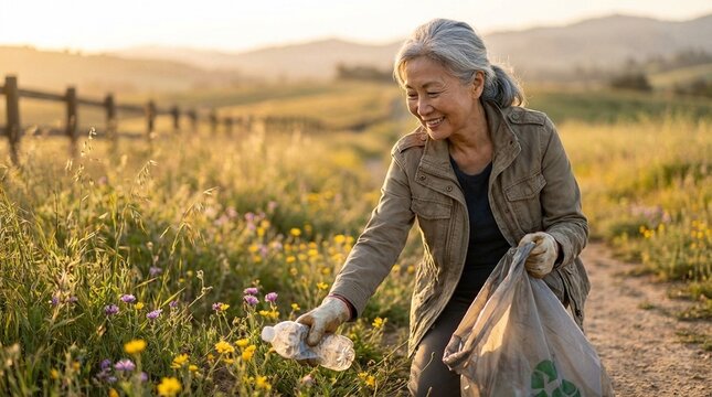 A smiling older woman wearing a jacket bends down in a field of wildflowers near a dirt path, collecting items into a large sack using gloved hands