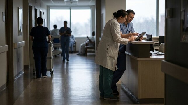 Two medical workers stand at a hospital nurses station, reviewing a tablet screen together, while other staff and a seated patient appear in the hallway