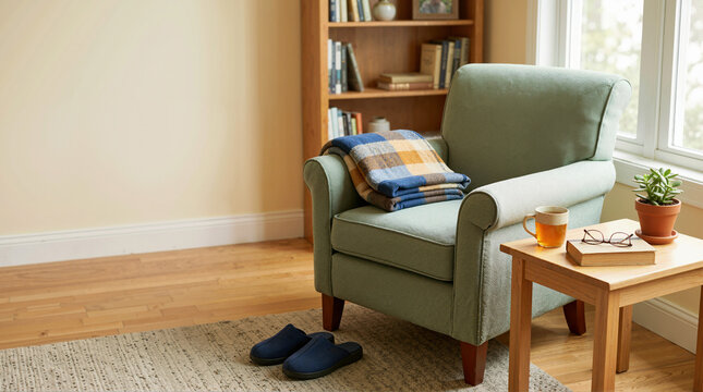 Cozy armchair with a plaid blanket, slippers, book, and tea on a table. Domestic interior setting near a window. Comfort and relaxation concept