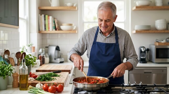 Senior man cooking a meal in a modern kitchen. Older man wearing an apron stirring food in a frying pan on a stove
