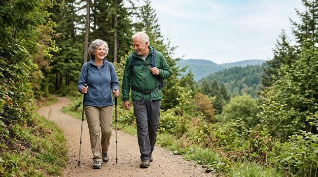 Senior couple hiking on a forest trail with trekking poles. Older man and woman walking outdoors in nature