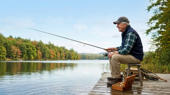 Senior man fishing on a wooden dock by a calm lake. Older man sitting on a stool with a fishing rod outdoors