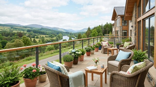 Retirement home terrace with panoramic river and mountain view. Outdoor patio with wicker furniture and potted plants