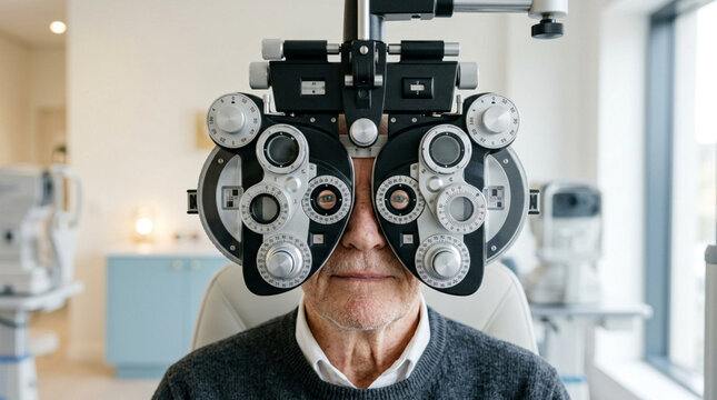 Senior man's eye exam with phoropter in optometrist's office