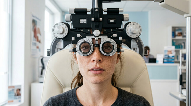 Woman undergoing eye exam with phoropter in optometry clinic