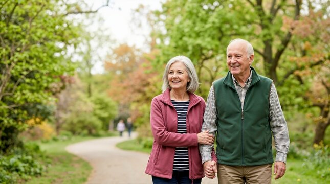 Senior couple walking along a path outdoors. Elderly man and woman holding hands in a park. Nature and active retirement concept