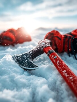 A frosty ice axe rests in the snow, near red backpacks, bathed in the soft glow of the setting sun. Winter adventure, survival, exploration