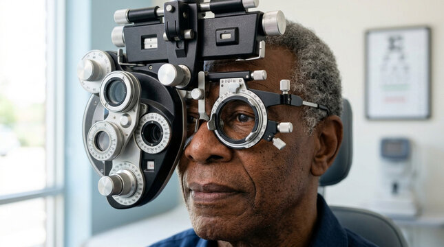 Senior Man Undergoing Eye Exam with Phoropter