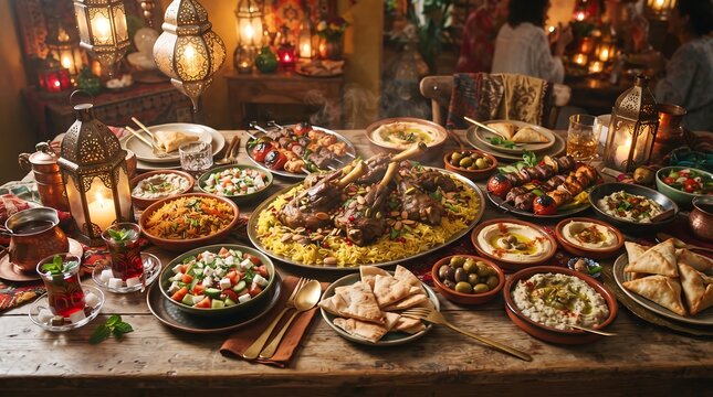 Abundant ramadan table with traditional dishes and golden lanterns