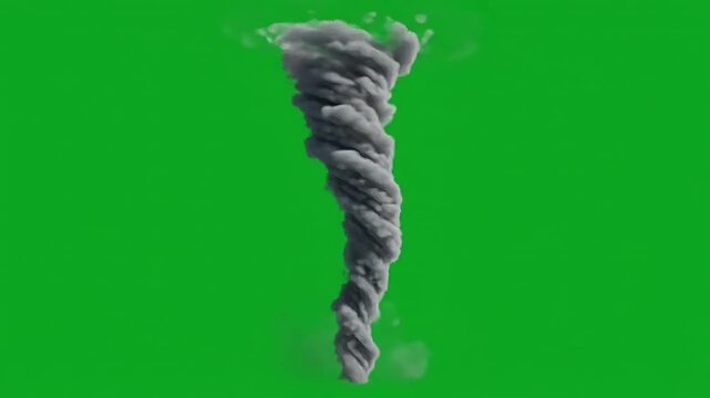 Realistic tornado spinning on green screen background, powerful twister vortex with dark smoke and dust clouds, natural disaster weather effect
