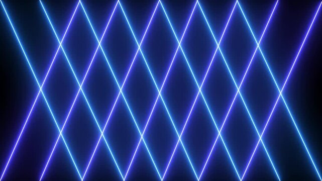 Vibrant blue and purple glowing neon laser lines forming diamond geometric patterns on a dark background, dynamic abstract motion, loop for electronic, music and futuristic, cyberpunk visuals