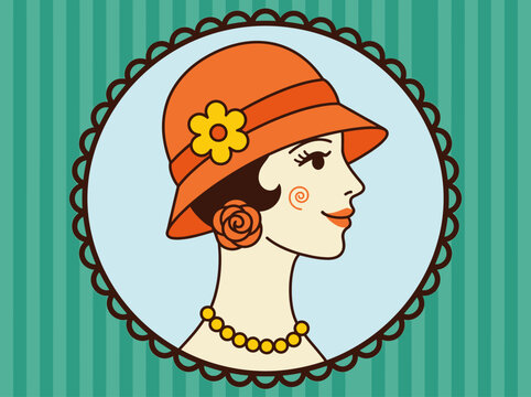 Vintage 1920s Flapper Style Woman Portrait in Orange Cloche Hat, Retro Art Deco Illustration with Teal Striped Background